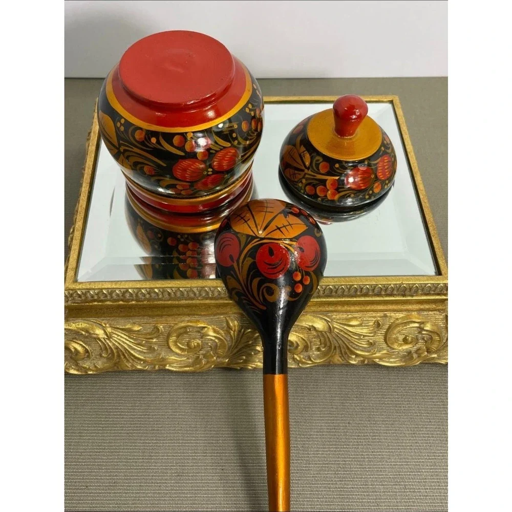 Vintage Russian Khokhloma Painted Lidded Bowl with Spoons Floral Folk Art‎ Set